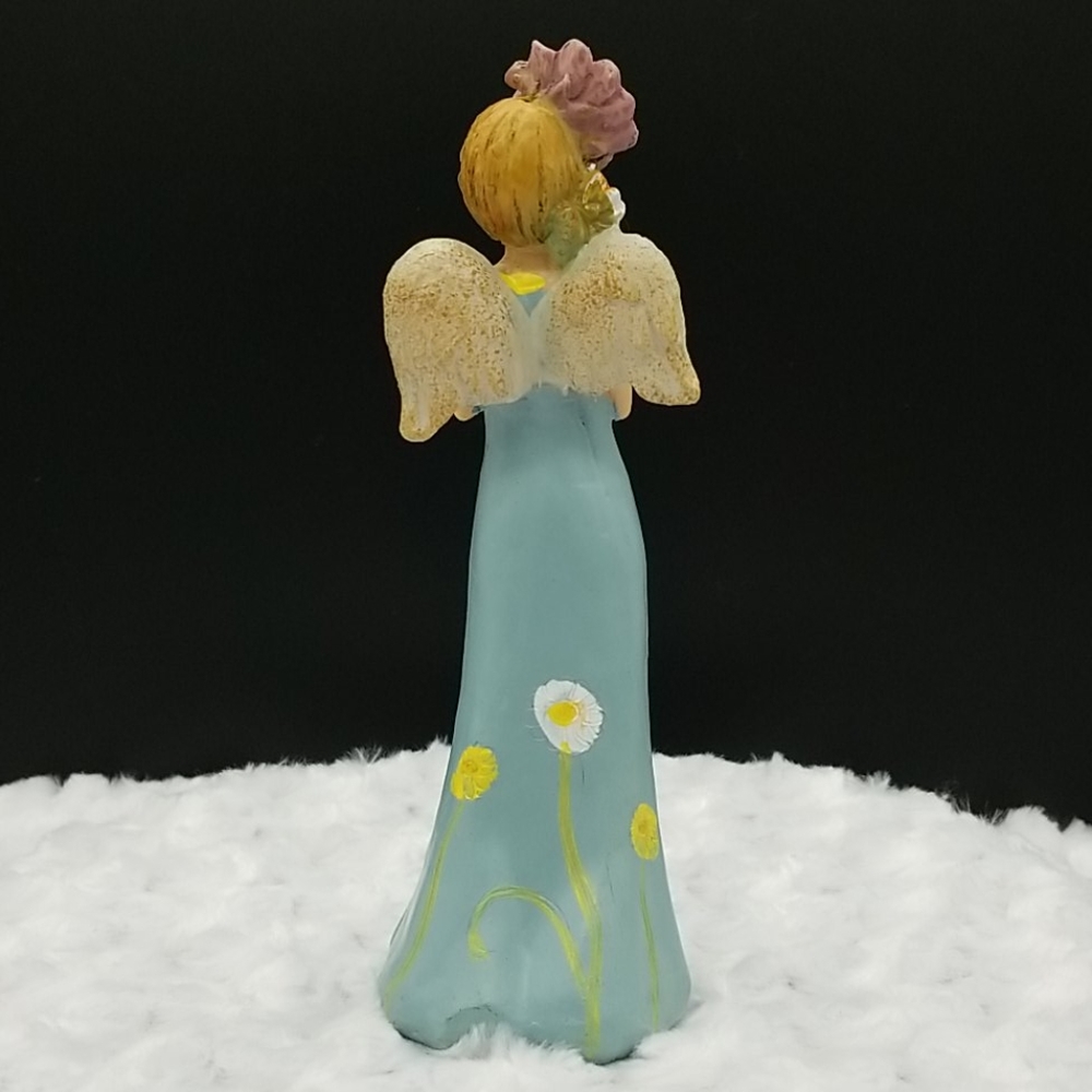 Angel in Blue Dress with Flowers Holding a Pink Daisy Figurine - Picture 3 of 6